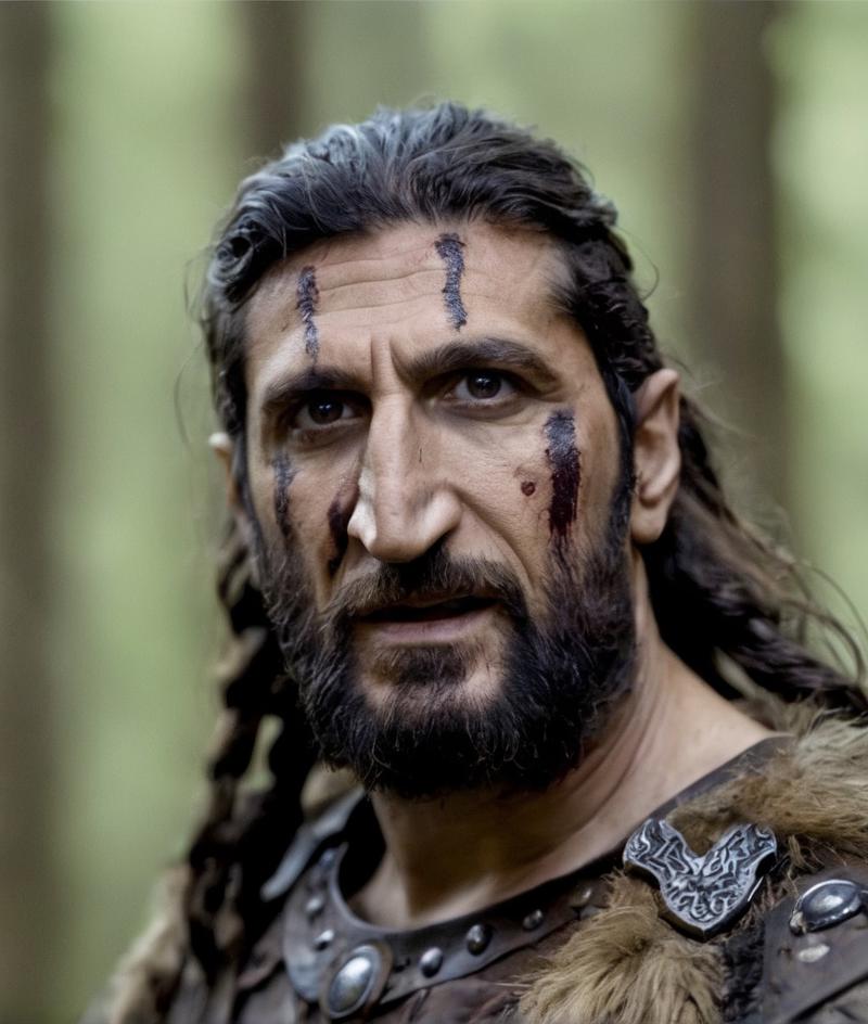 09725-1332445366-portrait photo of Fares Fares wearing viking clothes, war face paint, front view, in the woods forrest, middle-aged daddy, skin.jpg